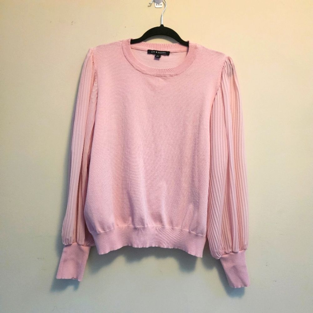 Zac & Rachel Sweater Women Sz L Pink Sheer Pleated Long Sleeves Feminine